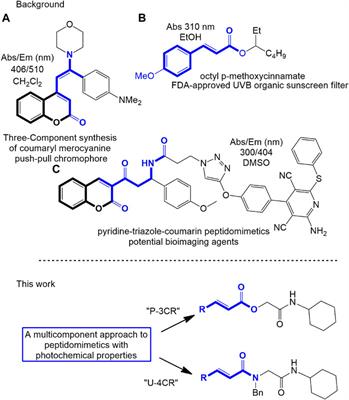 Multicomponent synthesis and photophysical study of novel α,β-unsaturated carbonyl depsipeptides and peptoids